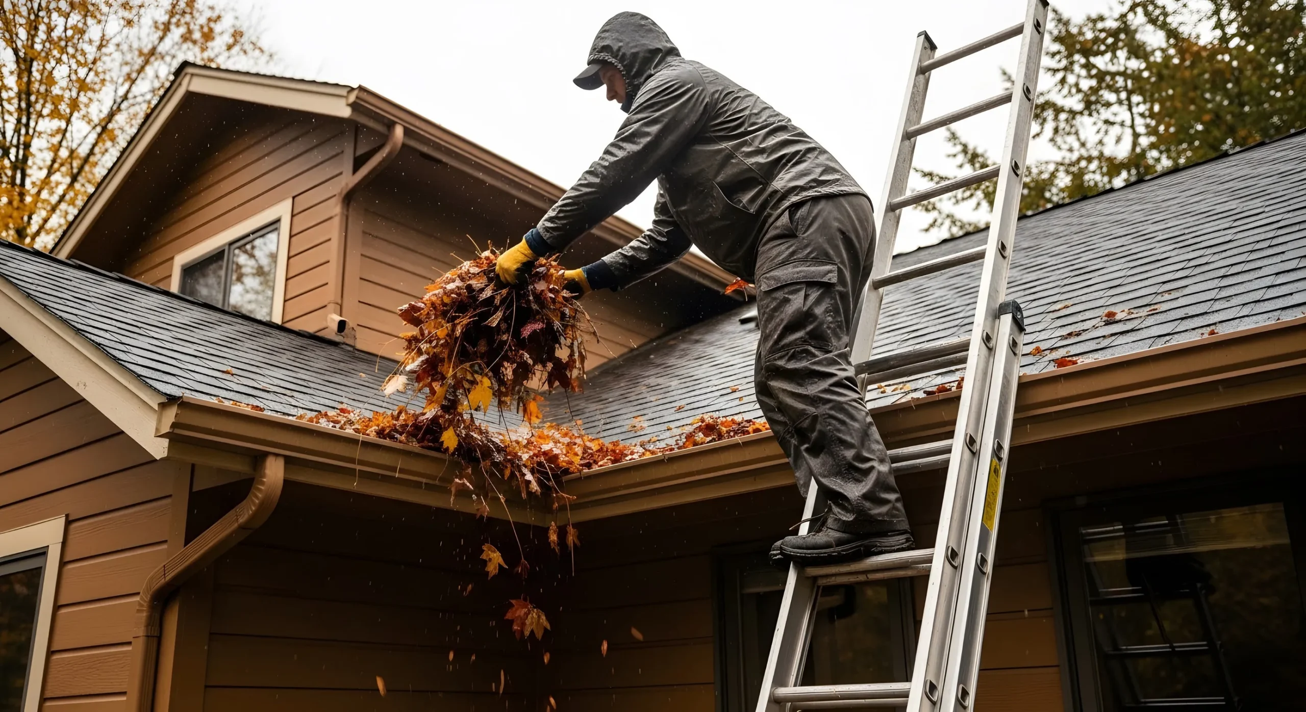 showing man on ladder cleaning clogged gutter full of autumn leaves from house roof